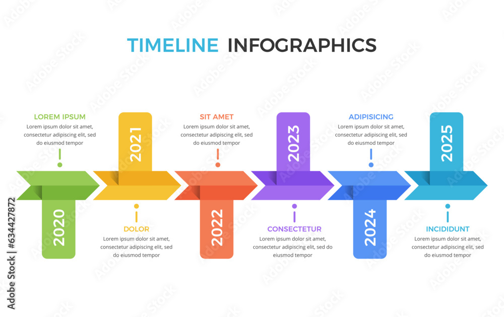 Poster horizontal timeline infographic template with six arrows with place dates and text, vector eps10 ill