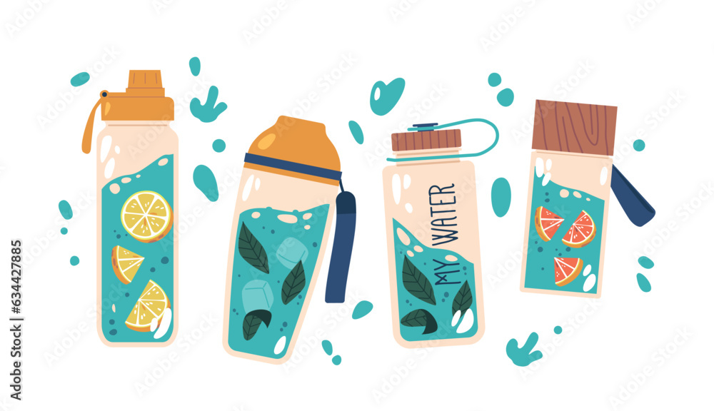 Poster water bottles set includes multiple durable and reusable containers with caps in various styles, for