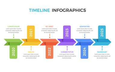 Horizontal timeline infographic template with six arrows with place dates and text, vector eps10 illustration
