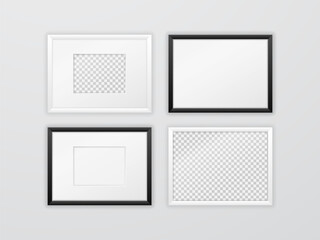 Composition of different black and white narrow frames hanging on the wall. Horizontal rectangular frame template with passe-partout and empty space for photo, image or poster. Realistic vector mockup