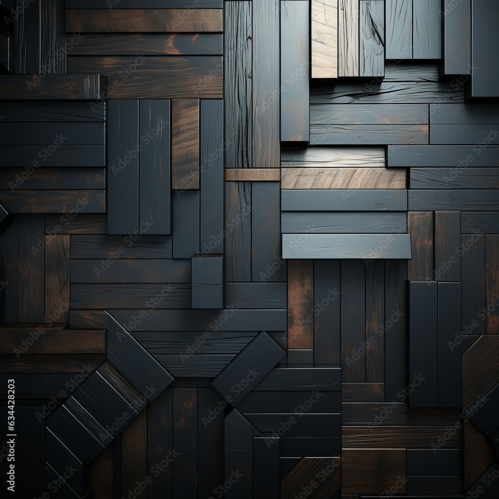 Poster 3d abstraction from dark wood with emerald inserts top view of the composition. concept: non-objecti