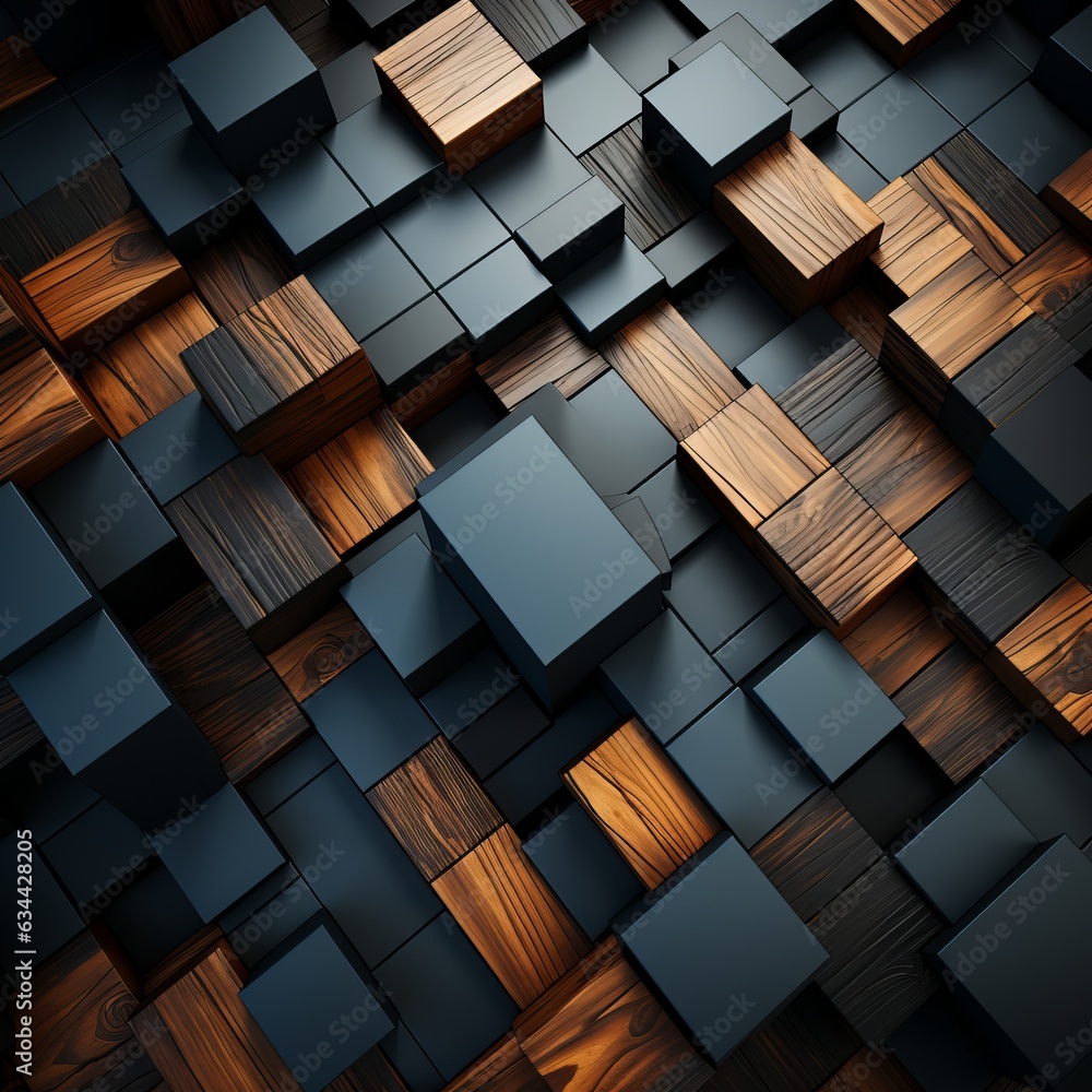 Poster 3d abstraction from dark wood with emerald inserts top view of the composition. concept: non-objecti