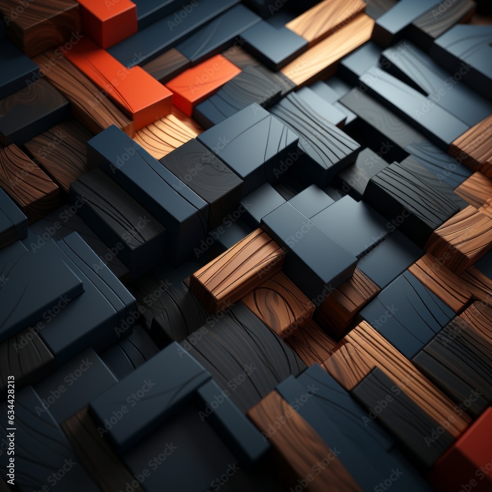 Poster 3d abstraction from dark wood with emerald inserts top view of the composition. concept: non-objecti