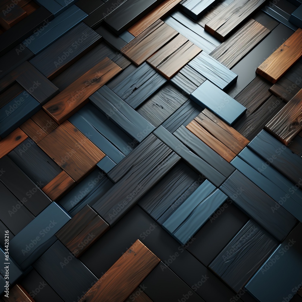 Poster 3d abstraction from dark wood with emerald inserts top view of the composition. concept: non-objecti