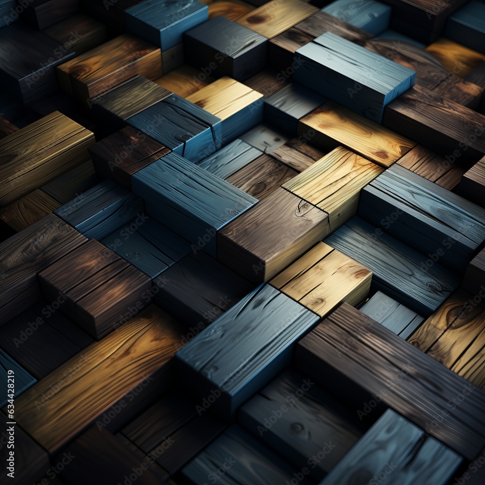 Poster 3d abstraction from dark wood with emerald inserts top view of the composition. concept: non-objecti