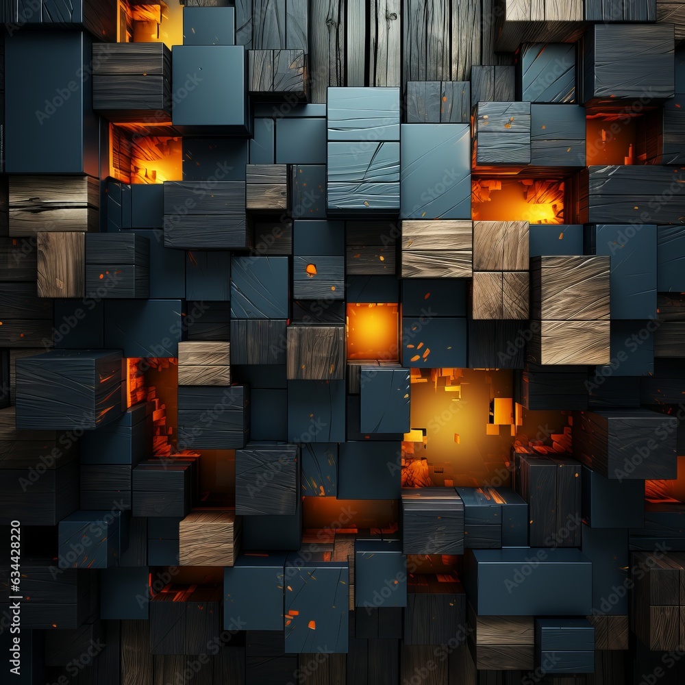 Poster 3d abstraction from dark wood with emerald inserts top view of the composition. concept: non-objecti