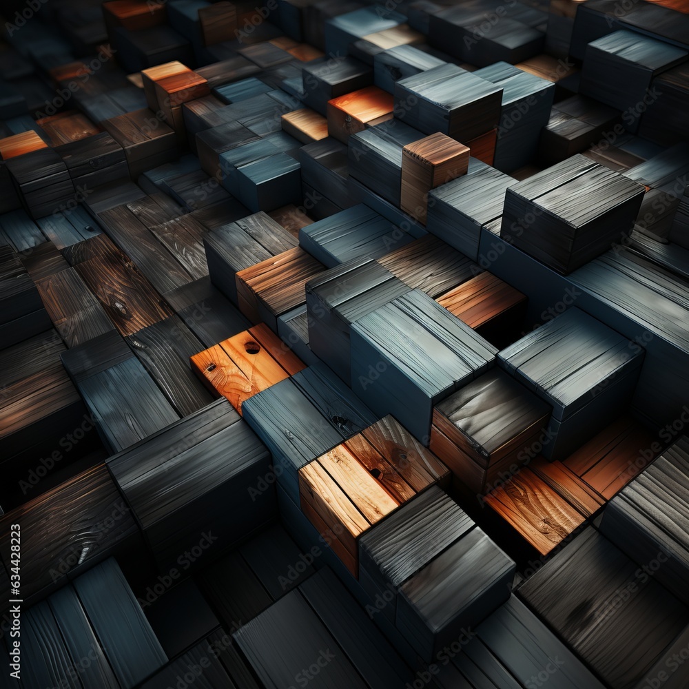 Poster 3d abstraction from dark wood with emerald inserts top view of the composition. concept: non-objecti