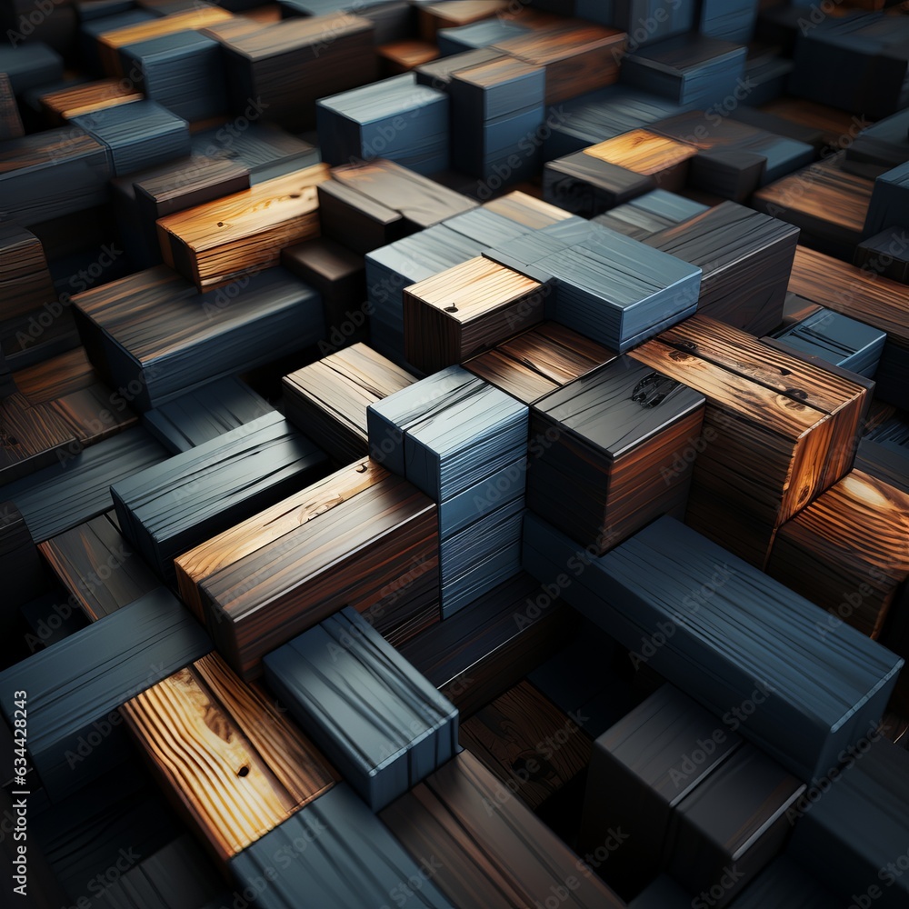 Poster 3d abstraction from dark wood with emerald inserts top view of the composition. concept: non-objecti