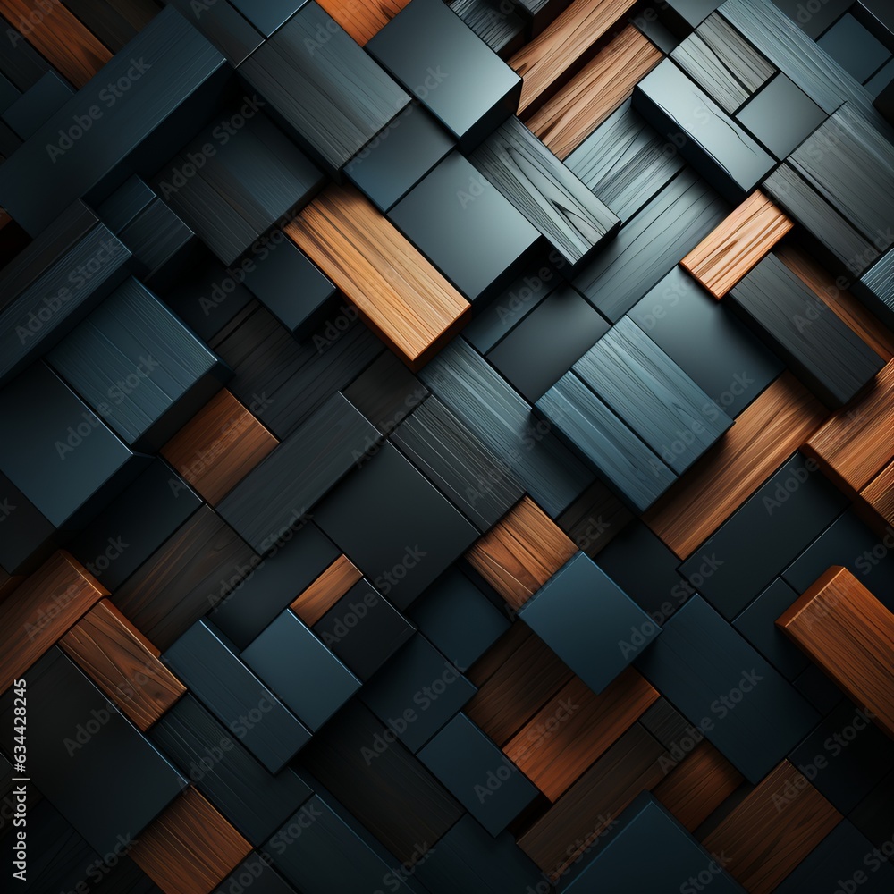 Poster 3d abstraction from dark wood with emerald inserts top view of the composition. concept: non-objecti