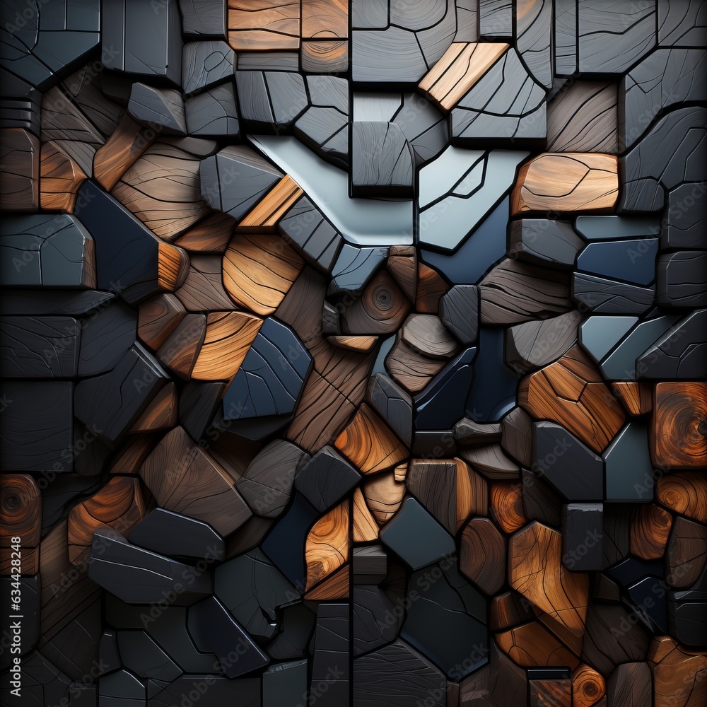 Poster 3d abstraction from dark wood with emerald inserts top view of the composition. concept: non-objecti