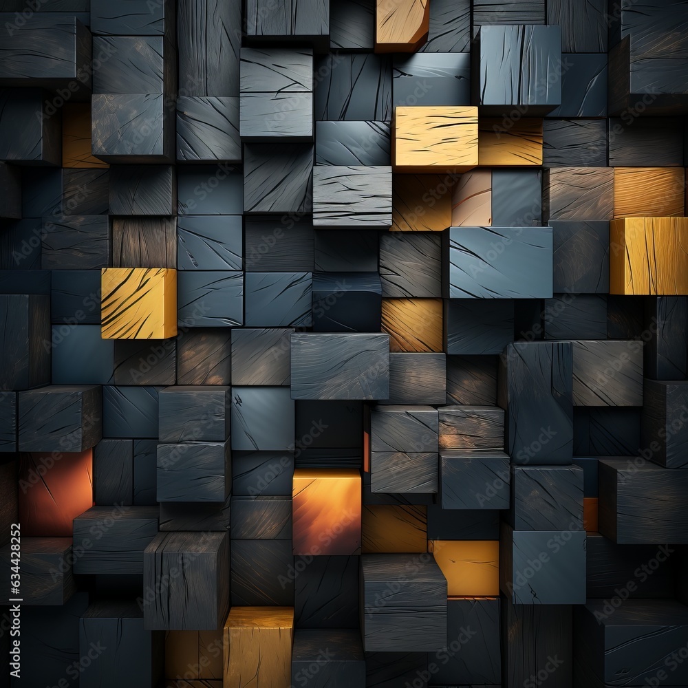 Poster 3d abstraction from dark wood with emerald inserts top view of the composition. concept: non-objecti
