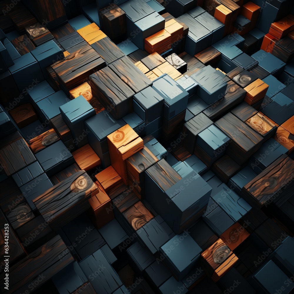 Poster 3d abstraction from dark wood with emerald inserts top view of the composition. concept: non-objecti