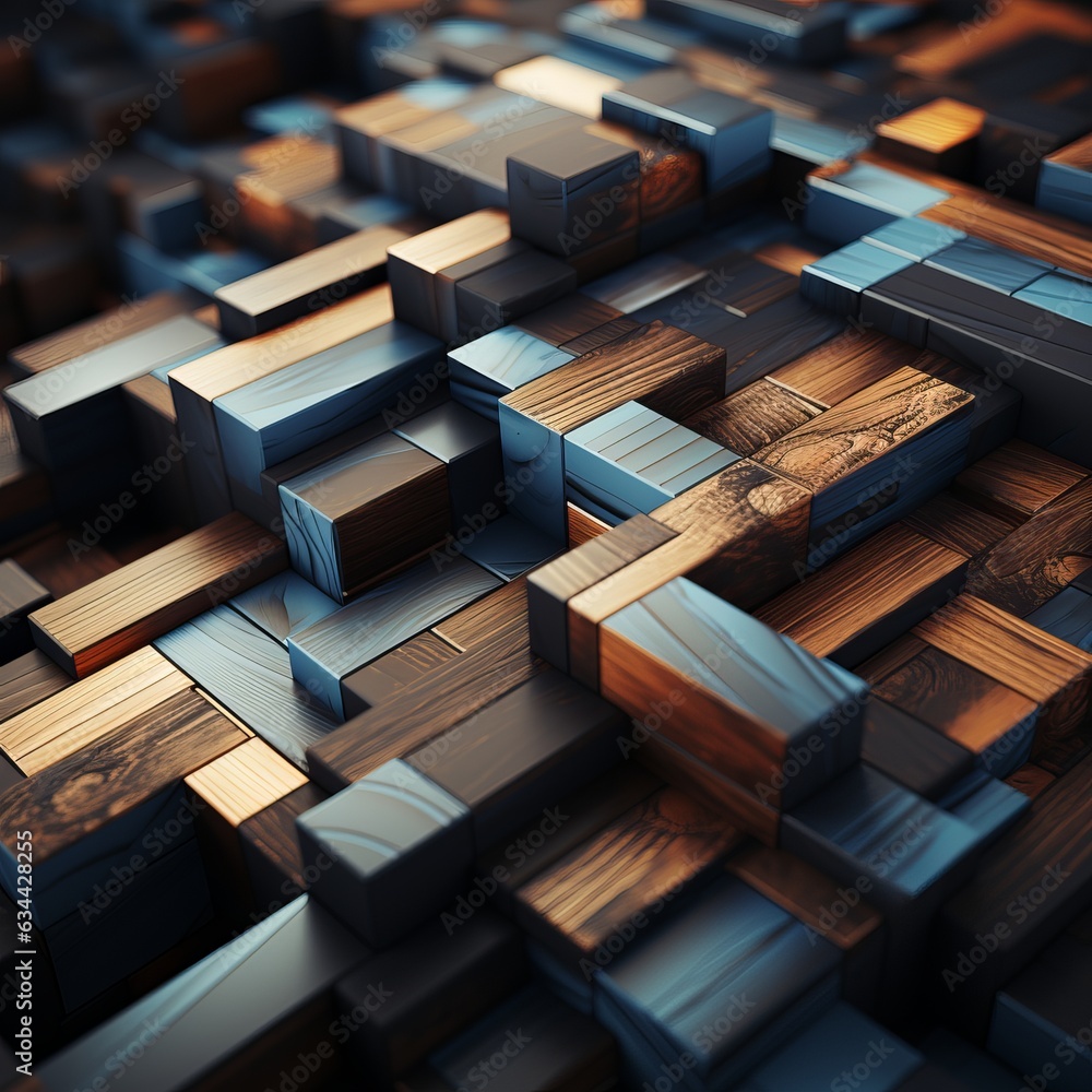 Poster 3d abstraction from dark wood with emerald inserts top view of the composition. concept: non-objecti