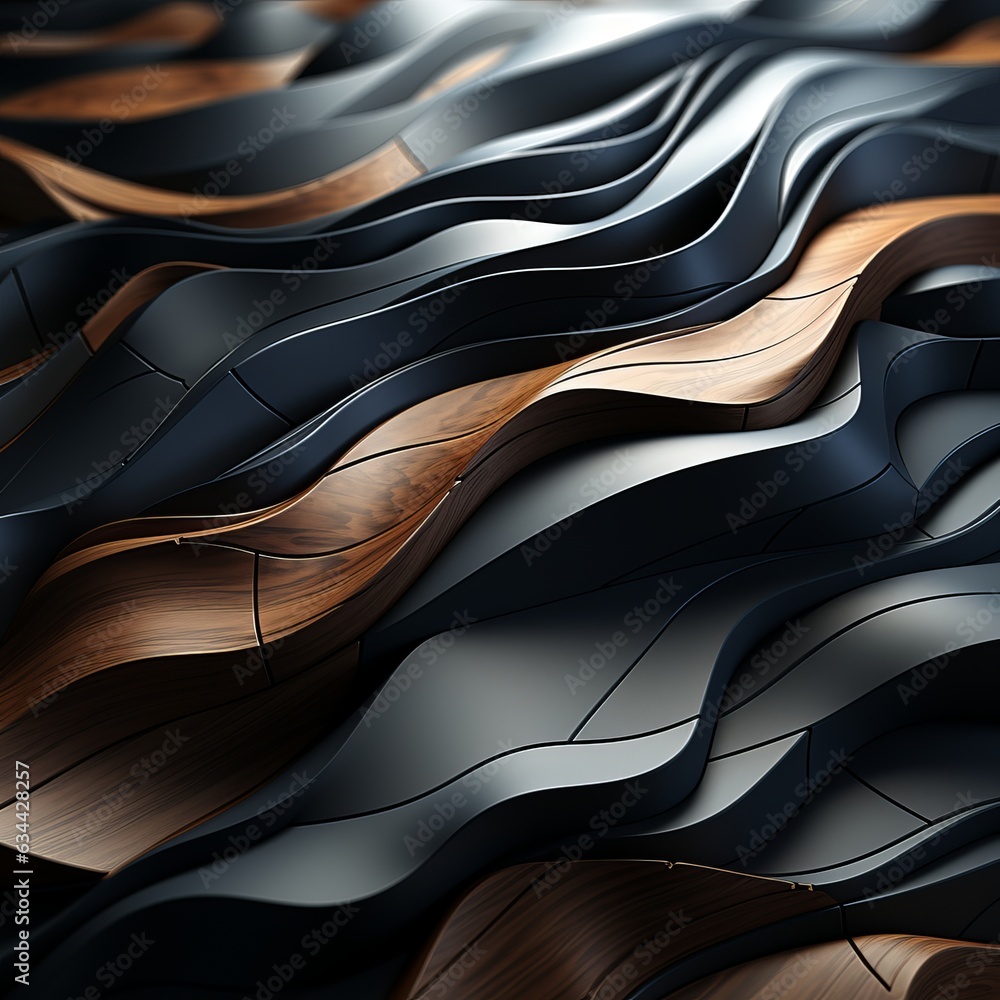 Poster 3d abstraction from dark wood with emerald inserts top view of the composition. concept: non-objecti