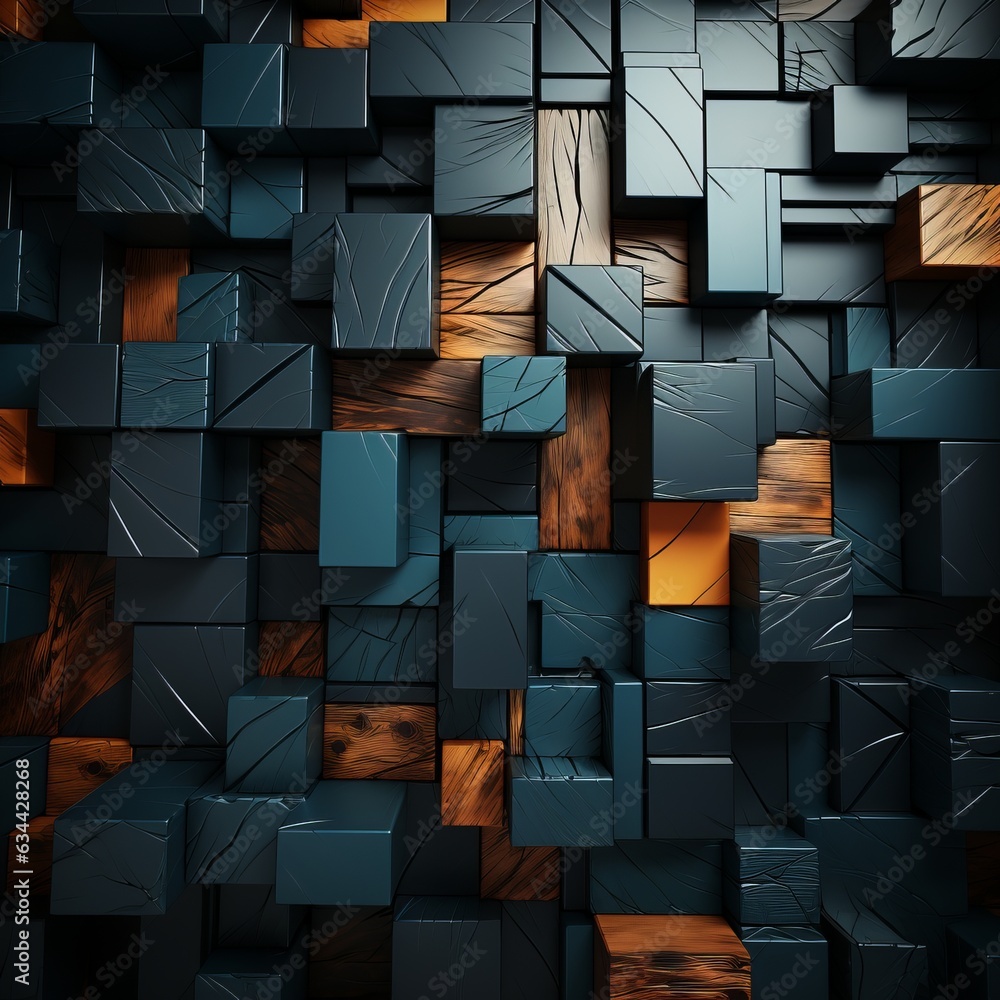 Poster 3d abstraction from dark wood with emerald inserts top view of the composition. concept: non-objecti