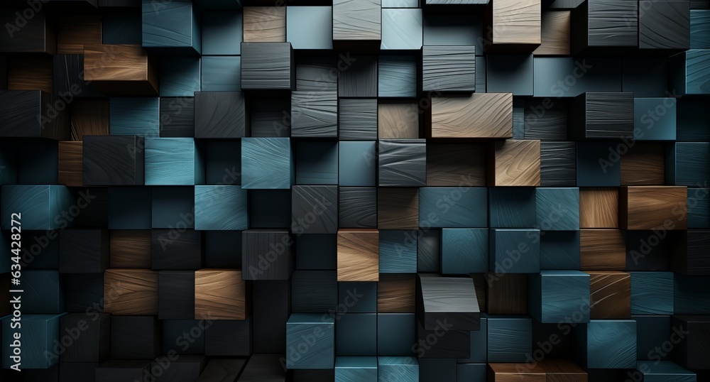 Poster 3d abstraction from dark wood with emerald inserts top view of the composition. concept: non-objecti
