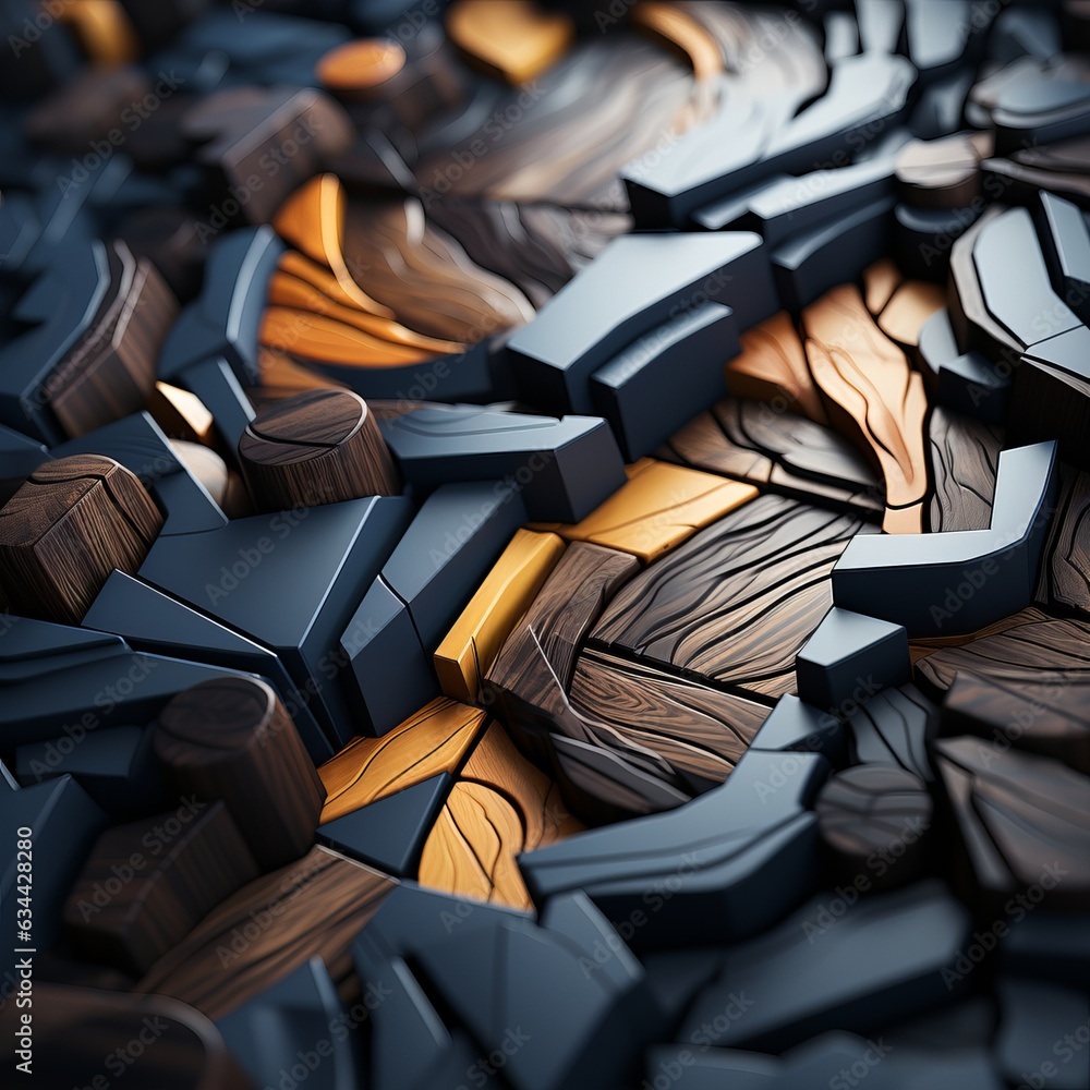 Poster 3d abstraction from dark wood with emerald inserts top view of the composition. concept: non-objecti