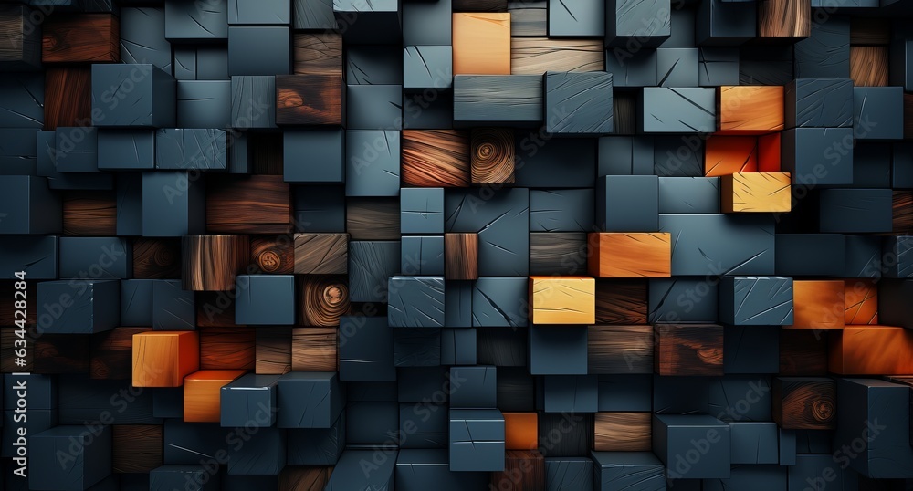 Poster 3d abstraction from dark wood with emerald inserts top view of the composition. concept: non-objecti