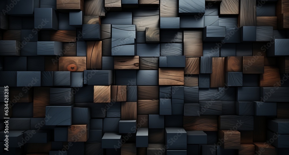 Poster 3d abstraction from dark wood with emerald inserts top view of the composition. concept: non-objecti