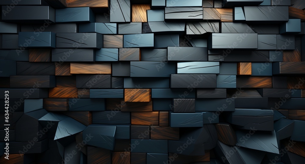 Poster 3d abstraction from dark wood with emerald inserts top view of the composition. concept: non-objecti