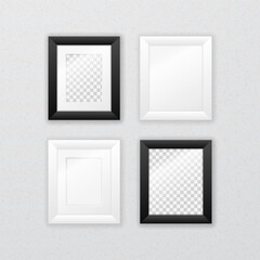 Composition of four black and white wide frames hanging on the wall. Vertical rectangular frame template with passe-partout and empty space for photo, image or poster. Realistic vector mockup