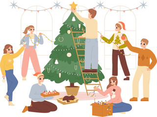 People decorate christmas tree at home, friends company prepare xmas znd new year party. Young adults, teengers or family snugly vector scene