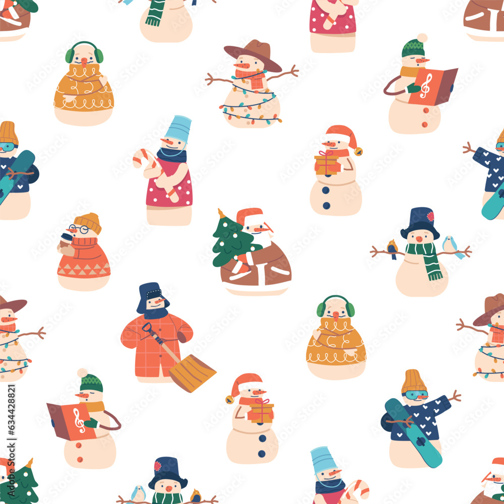 Poster snowmen in various poses and clothes create a charming seamless pattern. winter-themed repeated new 