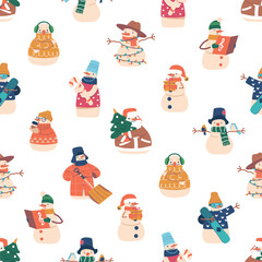 Snowmen In Various Poses And Clothes Create A Charming Seamless Pattern. Winter-themed Repeated New Year Design