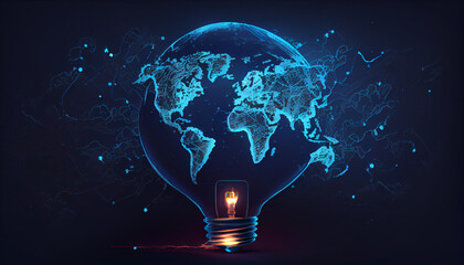 Abstract illustration incandescent bulb on world map in blue color on dark blue background, representing concept of global restructuring, energy crisis, blackout. Banner, worldmap Ai generated image