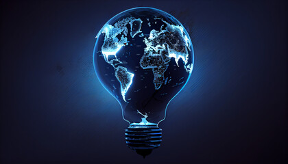 Abstract illustration incandescent bulb on world map in blue color on dark blue background, representing concept of global restructuring, energy crisis, blackout. Banner, worldmap Ai generated image