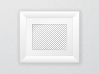 Wide white frame with passe-partout hanging on the wall. Horizontal rectangular frame template with empty space for photo, image or poster. Interior decoration mockup. Realistic vector illustration.