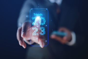 2023 business concept, businessman or engineer Show the trend of driving digital currency to develop online business.
