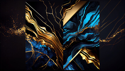 Abstract marble black, blue and gold background. Wedding invitation backdrop, abstract fractal background, Ai generated image 