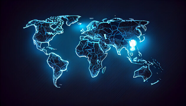 Abstract illustration incandescent bulb on world map in blue color on dark blue background, representing concept of global restructuring, energy crisis, blackout. Banner, worldmap Ai generated image  