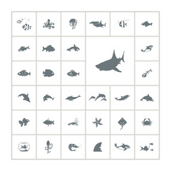 fish icon set with shark, orca, starfish, sea animals