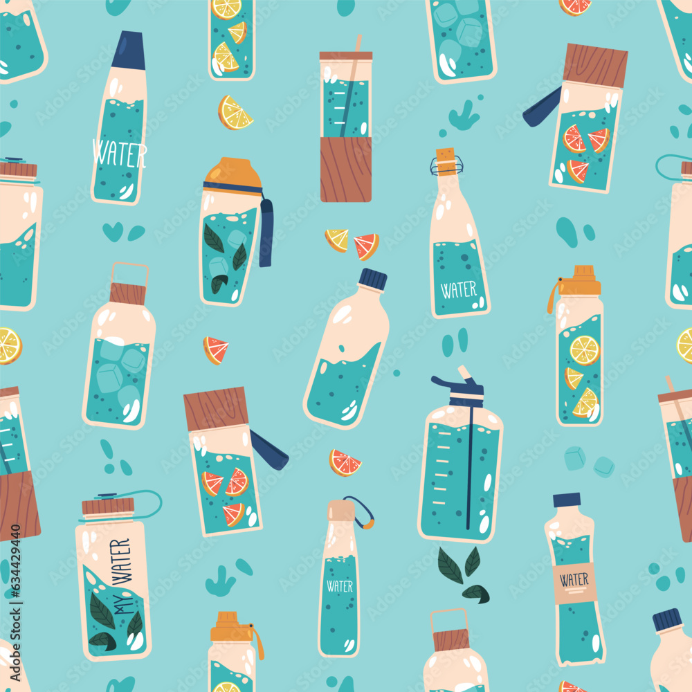 Poster repetitive design with water bottles. seamless pattern, tile ornament creating a visually pleasing a