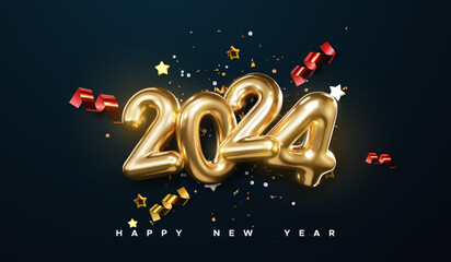 Realistic 2024 golden numbers with festive confetti, stars and spiral ribbons on black background. Vector holiday illustration. Happy New 2024 Year. New year ornament. Decoration element with tinsel - 634429459