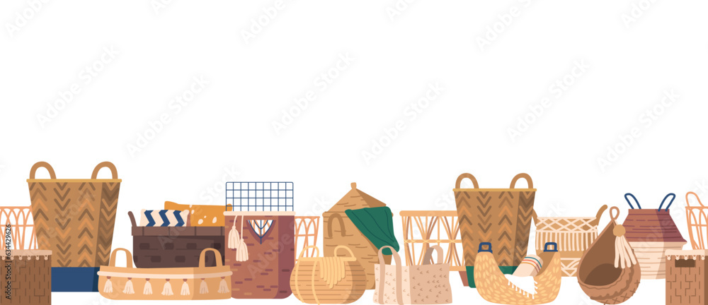 Poster intricate seamless pattern featuring woven wicker baskets. horizontal border design seamlessly repea