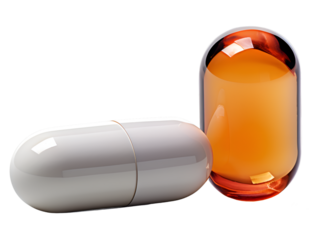 white and orange capsule pills on isolated transparent background