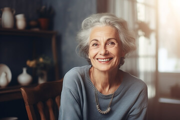 Fototapeta na wymiar Portrait happy beautiful retired woman. Mature female smile look at camera. Carefree life on retirement, medical insurance cover for seniors. Generati