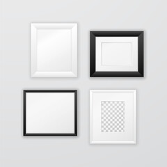 Composition of various black and white frames hanging on the wall. Rectangular frame template with glass and passe-partout and empty space for photo, image or poster. Realistic vector mockup
