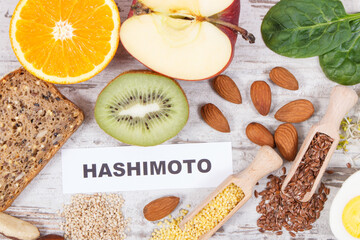 Inscription hashimoto and best food for healthy thyroid. Dieting and slimming concept