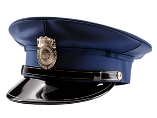 blue police uniform cap with badge on isolated transparent background