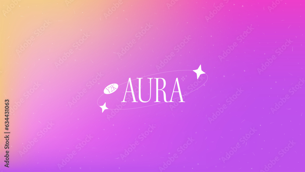 Poster Aura background with a warmth effect. Noisy overlay texture with dots and scratches. Trendy bright vector background. Purple and yellow and pink color. 