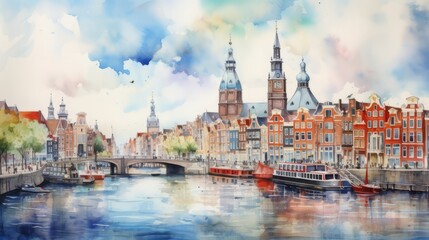 Fototapeta premium Watercolor cityscape oft Amsterdam, the capital of the Netherlands, in front the Amstel river. Drawing, watercolor, illustration, paint, art, city, capital, high quality 160