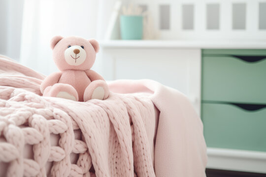 Pink plush bear sits on bed in pink girls room. Generative AI. 