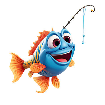 A fish cartoon with a fishing rod