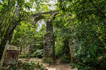 View of the ruins of the old Lazaretto aqueduct at Ilha Grande, Angra dos Reis, Rio de Janeiro,...