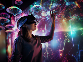 Woman using virtual reality headset, looking around at interactive technology exhibition with multicolor projector light illumination