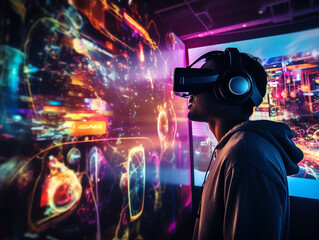 Young Man using virtual reality headset, looking around at interactive technology exhibition with multicolor projector light illumination
